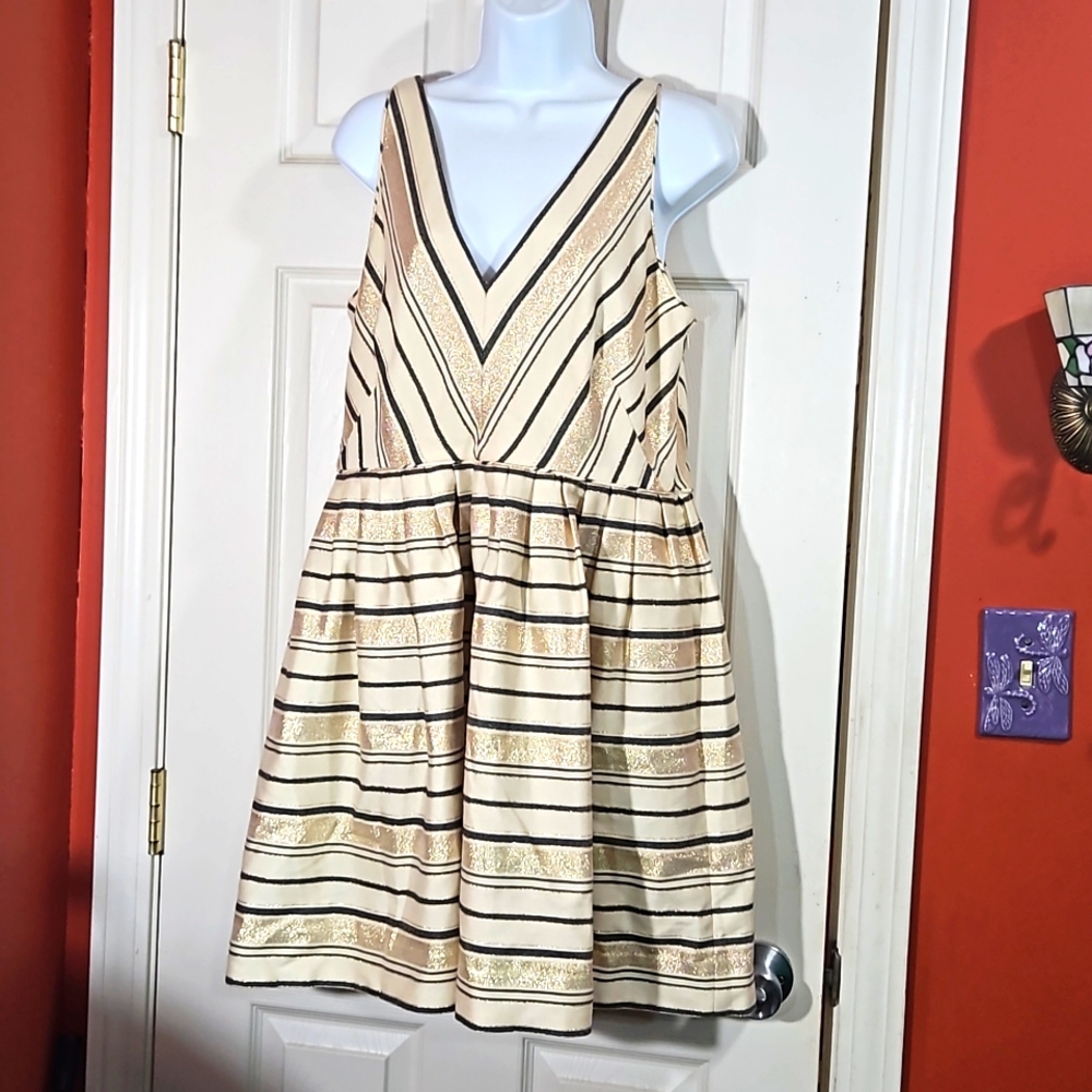 J Crew Fit & Flare Gray Matallic Gold Striped party dress summertime size 12